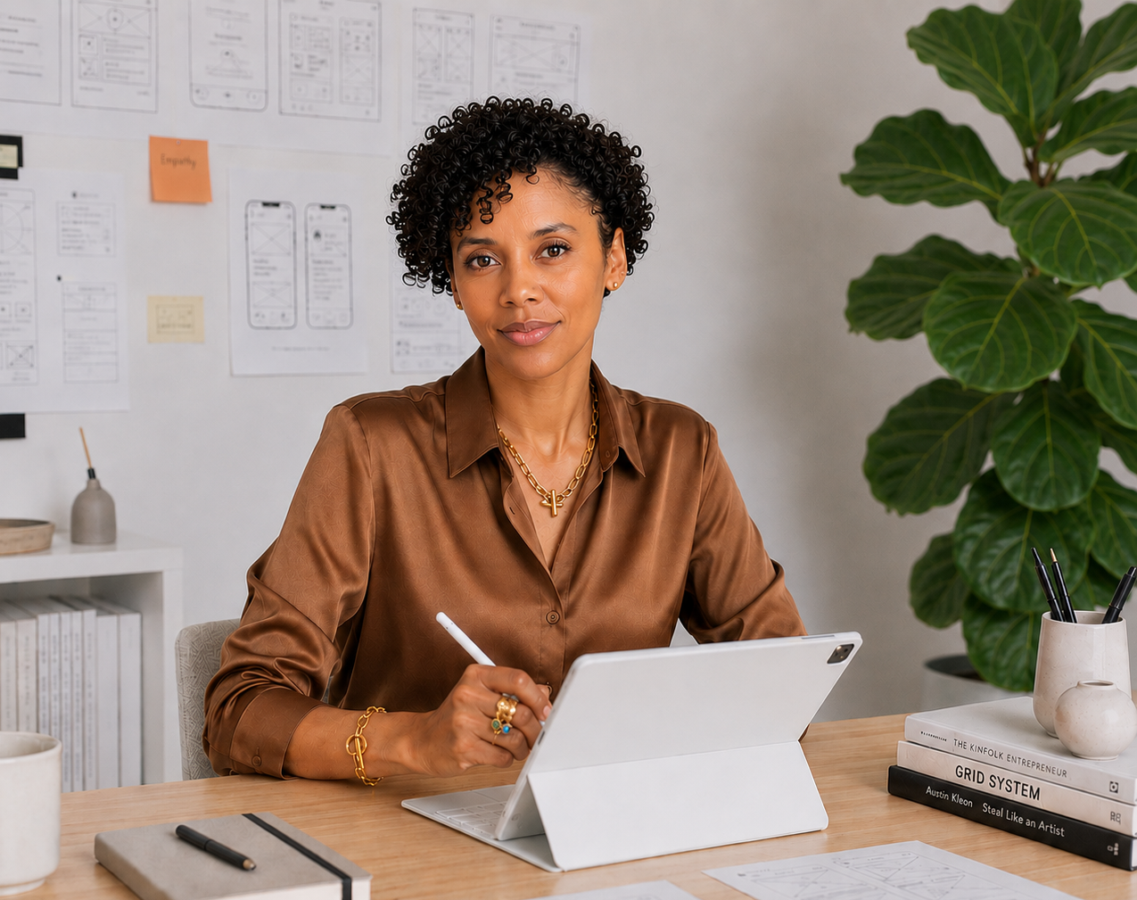 Rebekah Brown at her Atlanta studio desk, designing on a tablet